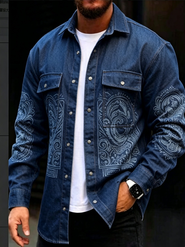 Men'S Ethnic & Formal Designer Wear Studio S - Kemeja Denim Palsu Pria Motif Paisley