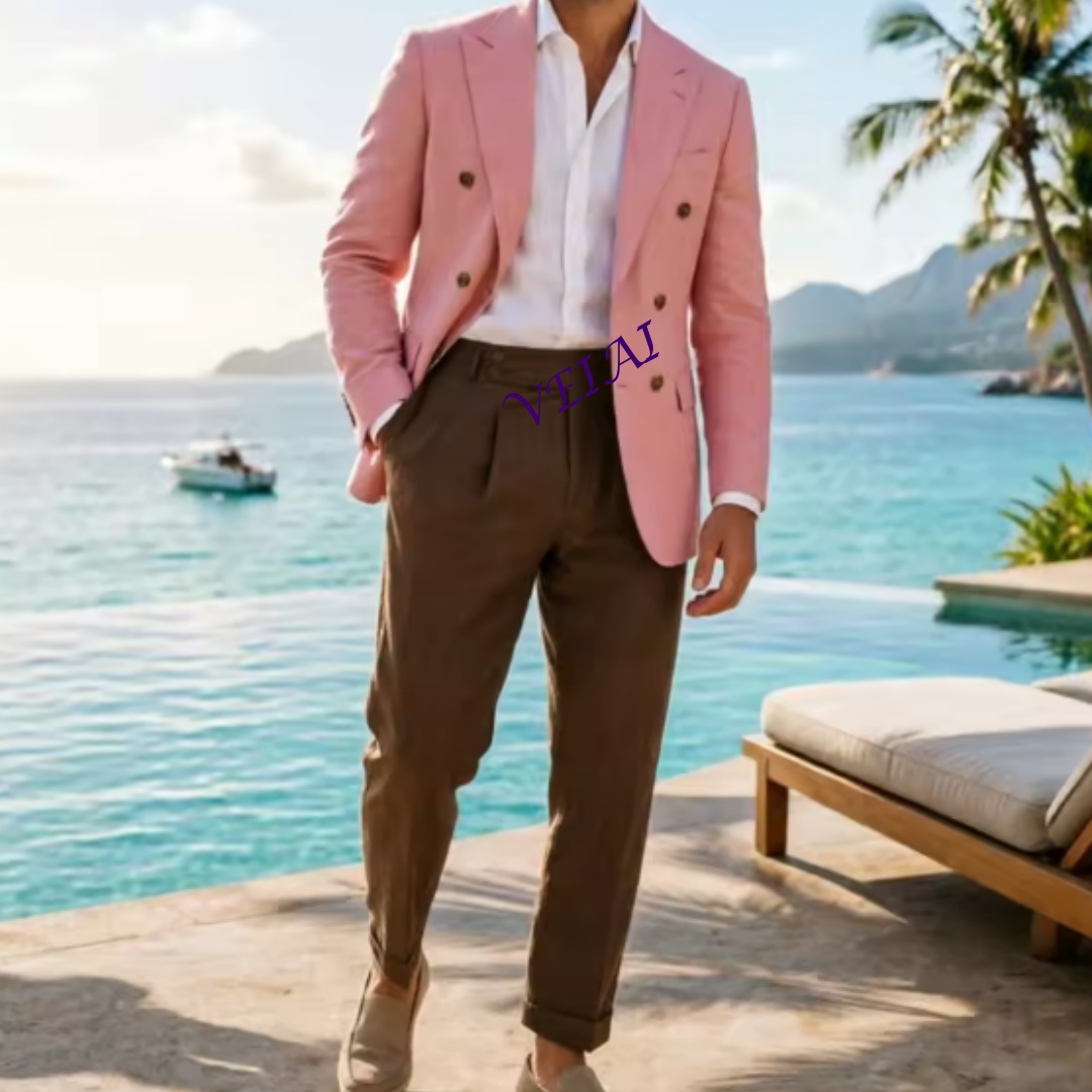 Elegant Formal Men'S Wear - Jas Pria Linen Beige 2 Potong